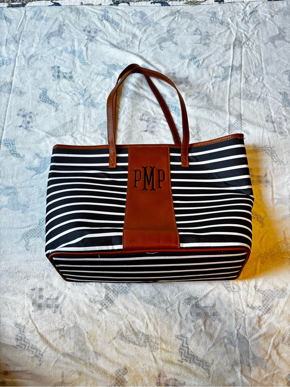 Monogram Black & White Striped Tote with Brown Trim - PMP